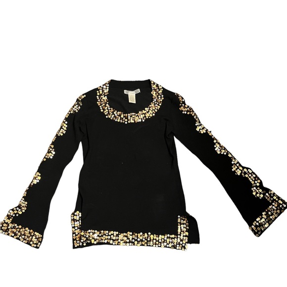 Sweaters - Vintage 70's inspired Silk and sequin women's small bell sleeve black sweater